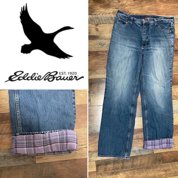 Eddie Bauer Denim - EDDIE BAUER Women’s purple plaid flannel lined jeans size 12 wide leg